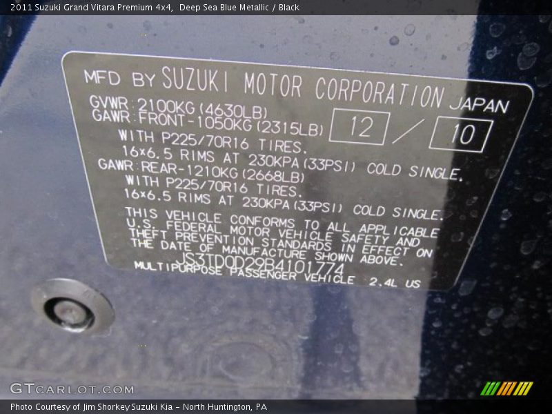 Deep Sea Blue Metallic / Black 2011 Suzuki Grand Vitara Premium 4x4