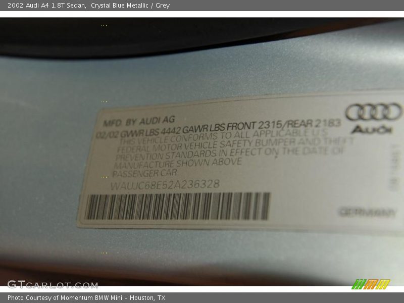 Crystal Blue Metallic / Grey 2002 Audi A4 1.8T Sedan