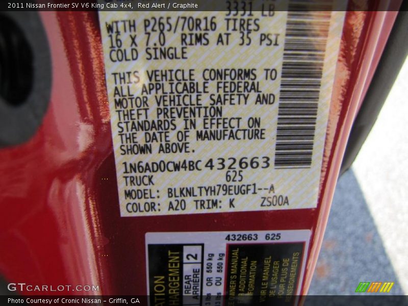 2011 Frontier SV V6 King Cab 4x4 Red Alert Color Code A20
