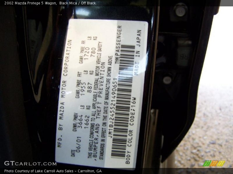 2002 Protege 5 Wagon Black Mica Color Code 16W
