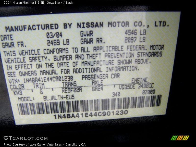 Onyx Black / Black 2004 Nissan Maxima 3.5 SE