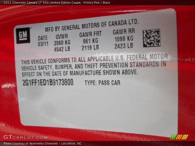 Victory Red / Black 2011 Chevrolet Camaro LT 600 Limited Edition Coupe