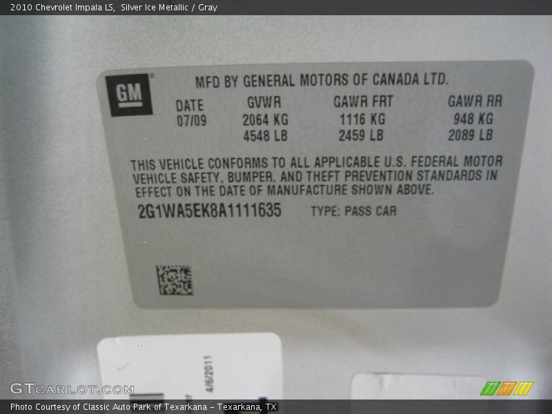 Silver Ice Metallic / Gray 2010 Chevrolet Impala LS