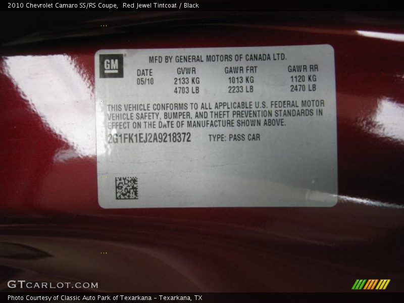 Info Tag of 2010 Camaro SS/RS Coupe