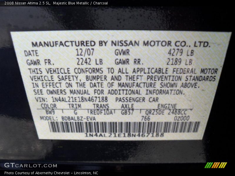 Majestic Blue Metallic / Charcoal 2008 Nissan Altima 2.5 SL
