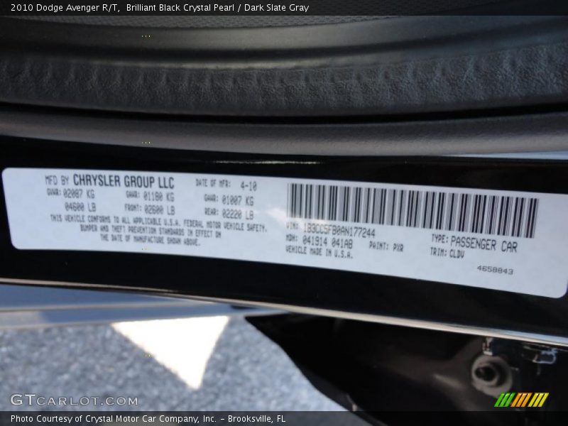 Brilliant Black Crystal Pearl / Dark Slate Gray 2010 Dodge Avenger R/T