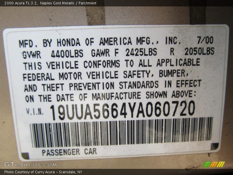 Naples Gold Metallic / Parchment 2000 Acura TL 3.2