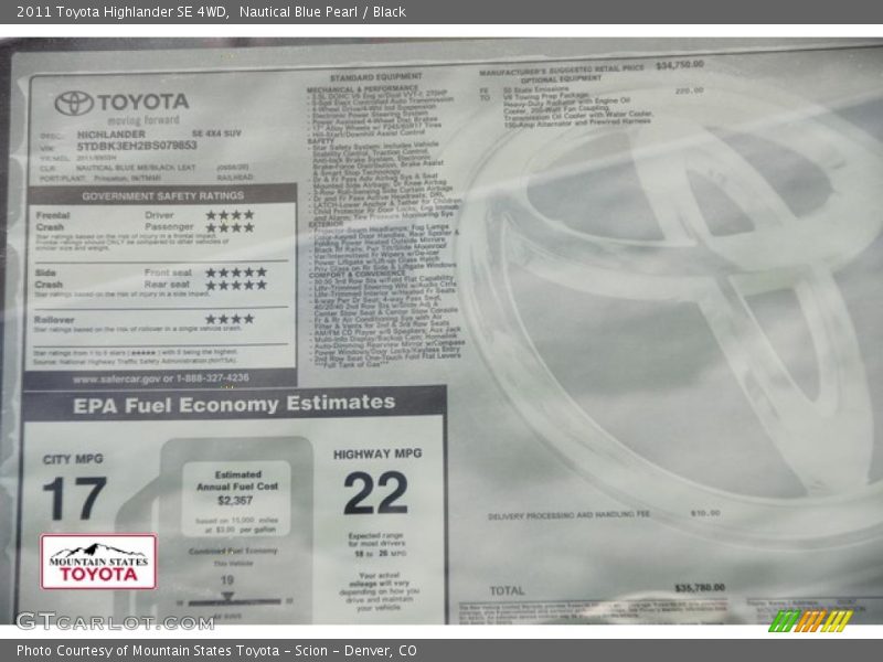 Nautical Blue Pearl / Black 2011 Toyota Highlander SE 4WD