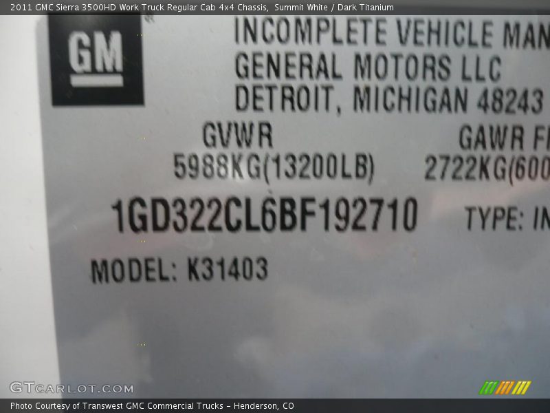 Summit White / Dark Titanium 2011 GMC Sierra 3500HD Work Truck Regular Cab 4x4 Chassis