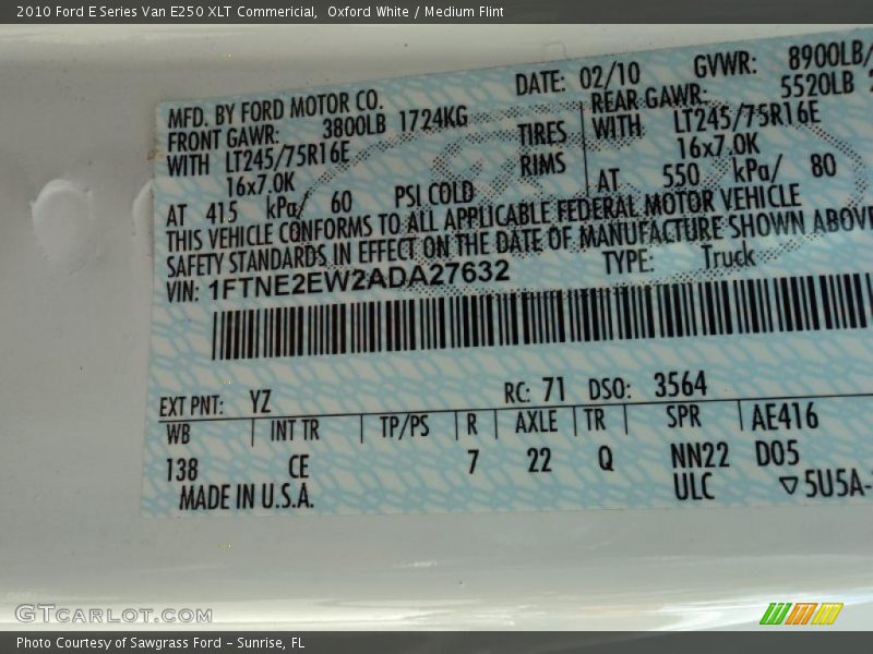 Oxford White / Medium Flint 2010 Ford E Series Van E250 XLT Commericial