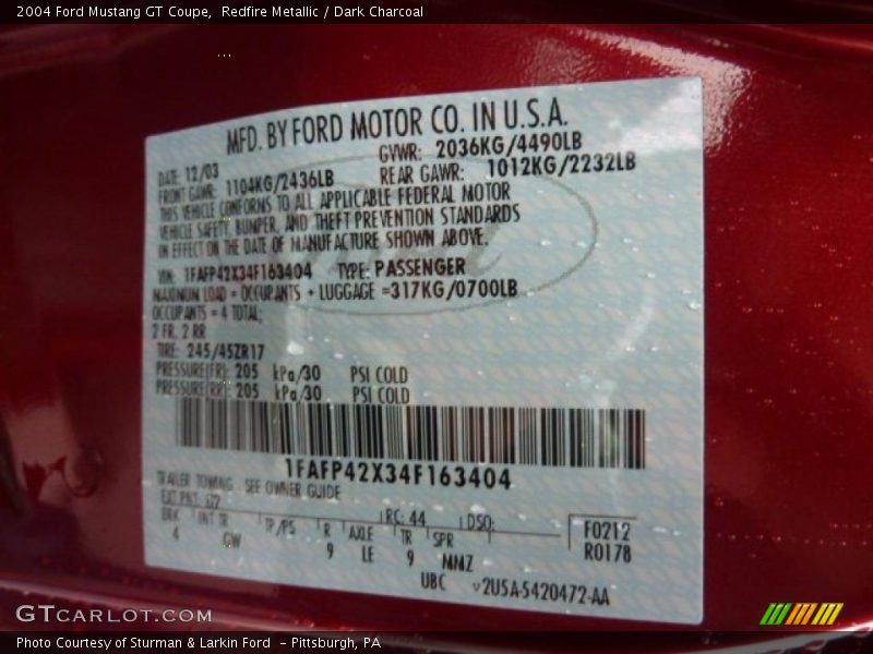 2004 Mustang GT Coupe Redfire Metallic Color Code G2