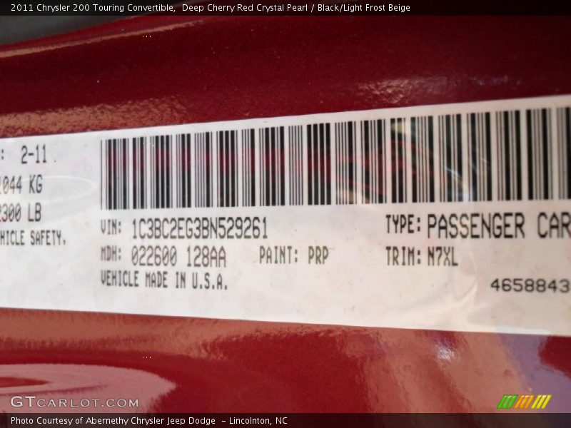 2011 200 Touring Convertible Deep Cherry Red Crystal Pearl Color Code PRP