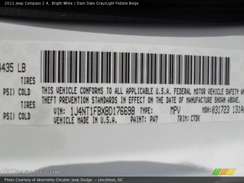 Bright White / Dark Slate Gray/Light Pebble Beige 2011 Jeep Compass 2.4
