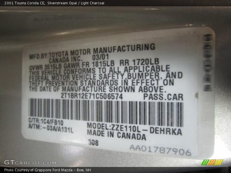 Silverstream Opal / Light Charcoal 2001 Toyota Corolla CE