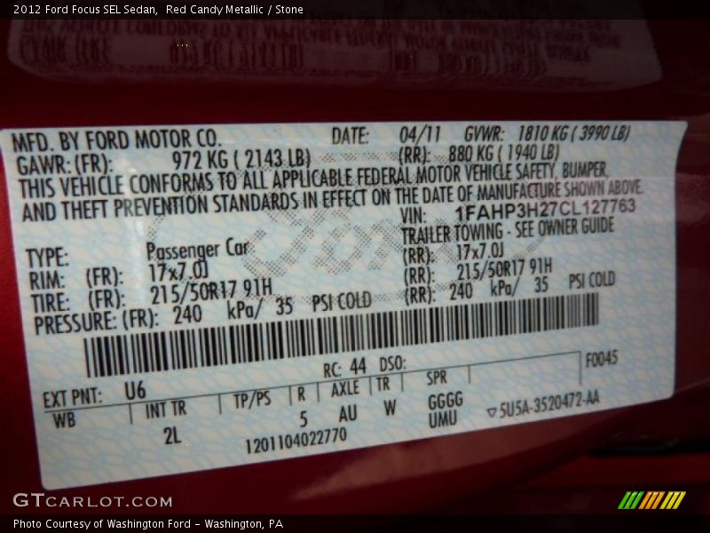 2012 Focus SEL Sedan Red Candy Metallic Color Code U6