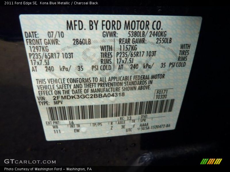 Kona Blue Metallic / Charcoal Black 2011 Ford Edge SE