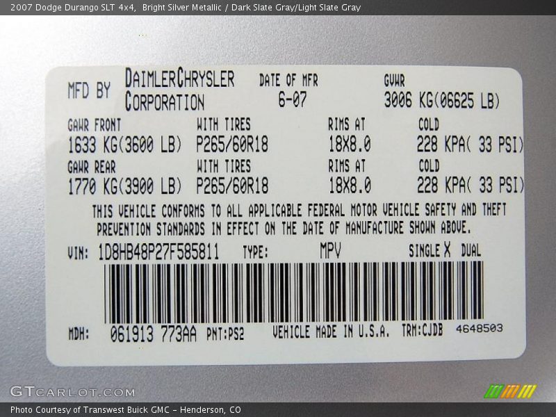 Bright Silver Metallic / Dark Slate Gray/Light Slate Gray 2007 Dodge Durango SLT 4x4
