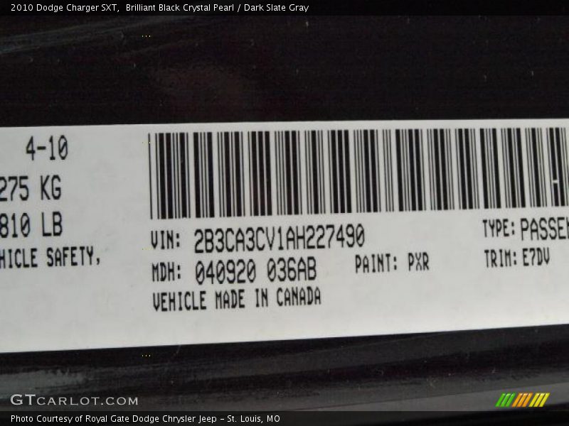 Brilliant Black Crystal Pearl / Dark Slate Gray 2010 Dodge Charger SXT