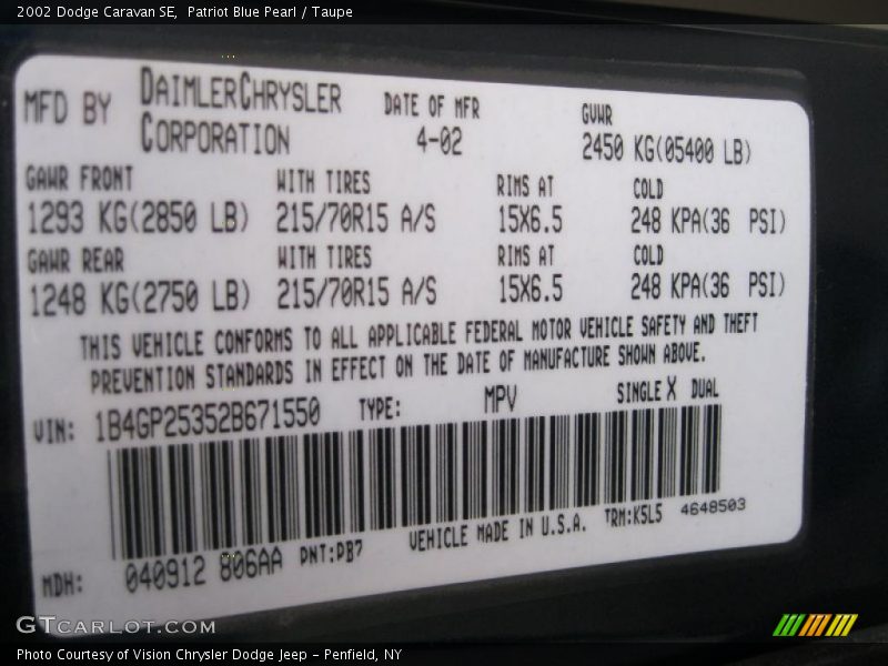 Patriot Blue Pearl / Taupe 2002 Dodge Caravan SE