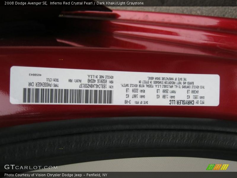 Inferno Red Crystal Pearl / Dark Khaki/Light Graystone 2008 Dodge Avenger SE