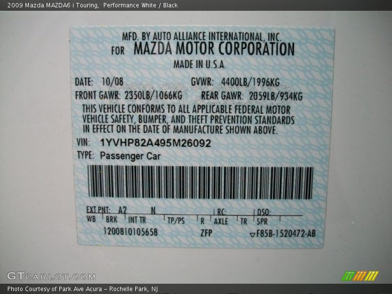 Performance White / Black 2009 Mazda MAZDA6 i Touring