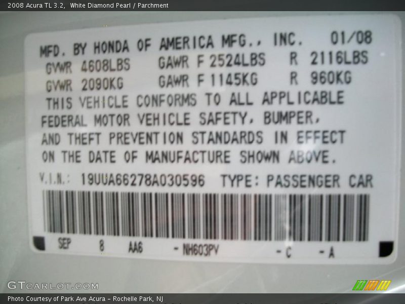 White Diamond Pearl / Parchment 2008 Acura TL 3.2