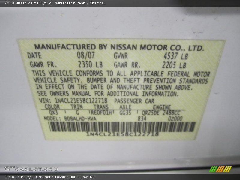 Winter Frost Pearl / Charcoal 2008 Nissan Altima Hybrid