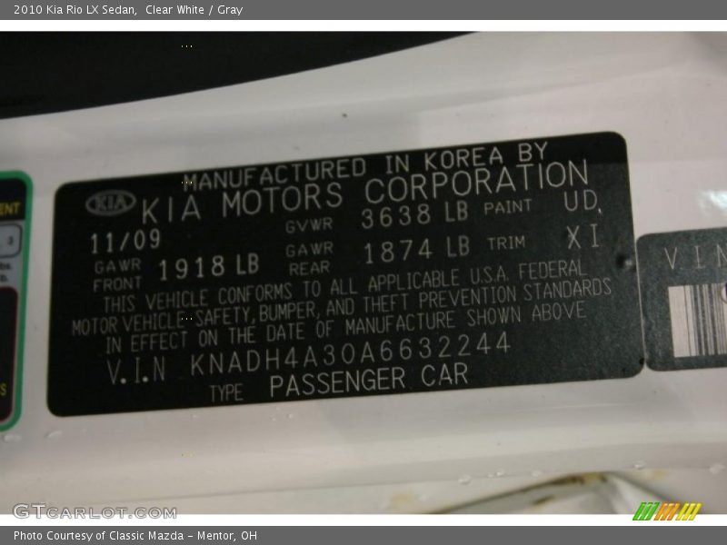 Clear White / Gray 2010 Kia Rio LX Sedan