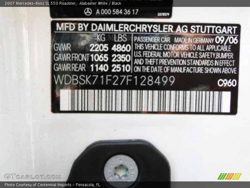 2007 SL 550 Roadster Alabaster White Color Code 960