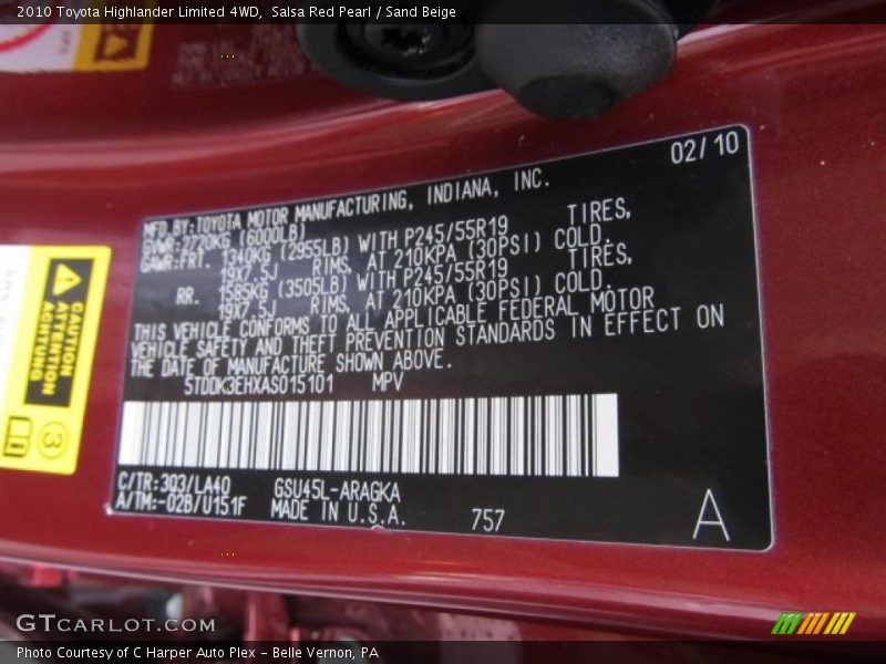 2010 Highlander Limited 4WD Salsa Red Pearl Color Code 3Q3