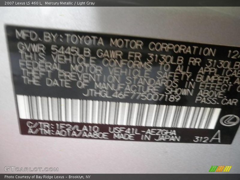 Mercury Metallic / Light Gray 2007 Lexus LS 460 L