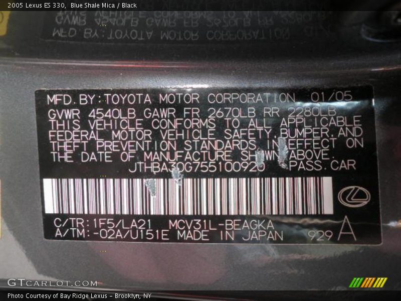 Blue Shale Mica / Black 2005 Lexus ES 330