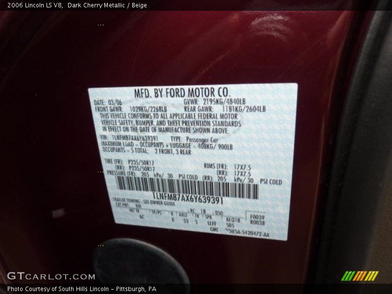 Dark Cherry Metallic / Beige 2006 Lincoln LS V8