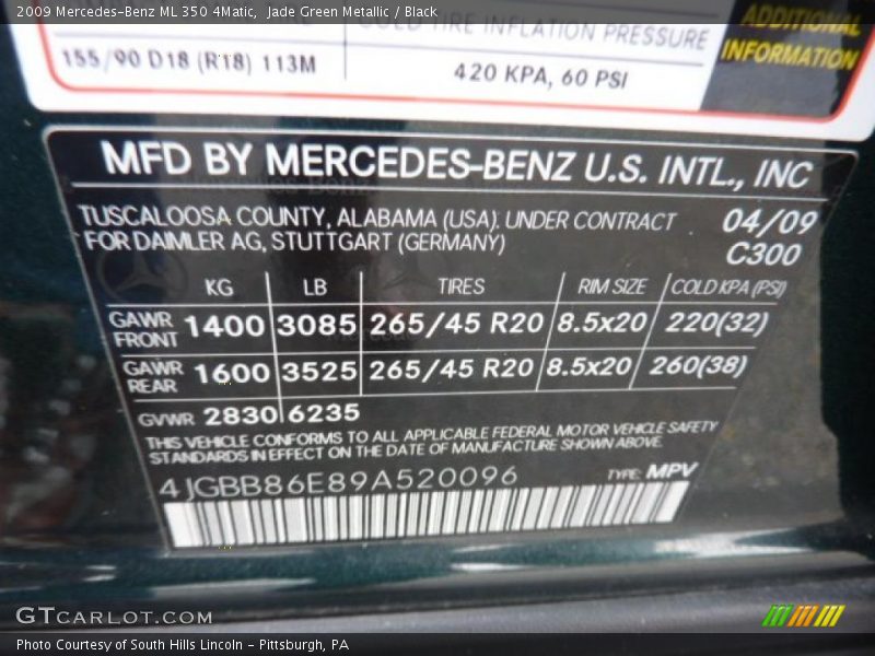 Jade Green Metallic / Black 2009 Mercedes-Benz ML 350 4Matic