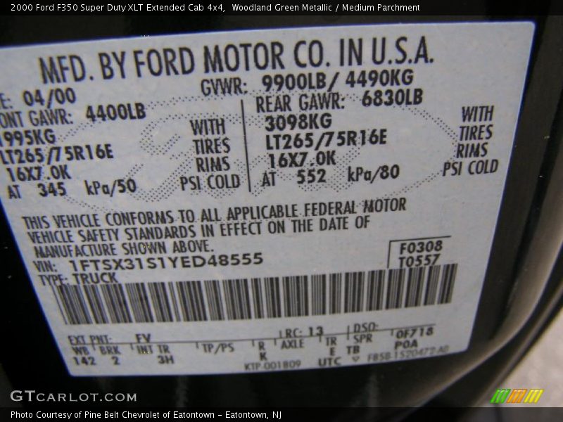 2000 F350 Super Duty XLT Extended Cab 4x4 Woodland Green Metallic Color Code FV