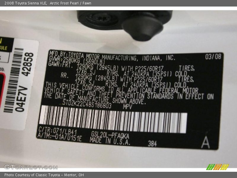 Arctic Frost Pearl / Fawn 2008 Toyota Sienna XLE