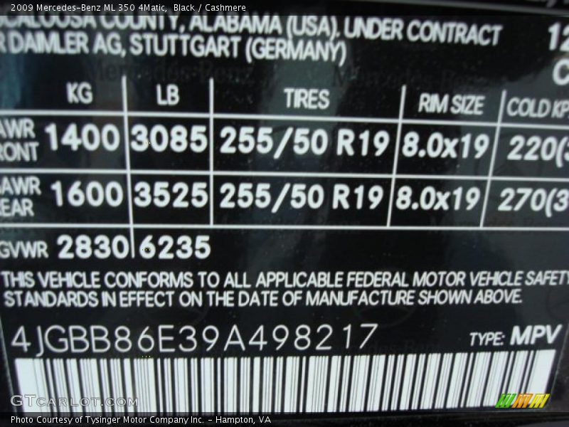Info Tag of 2009 ML 350 4Matic