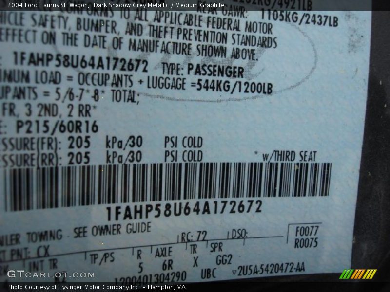 2004 Taurus SE Wagon Dark Shadow Grey Metallic Color Code CX