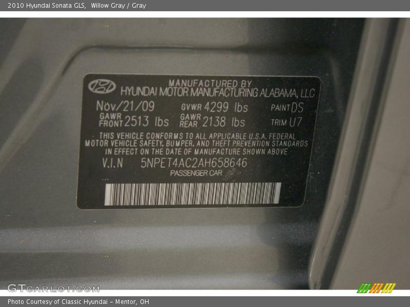 Willow Gray / Gray 2010 Hyundai Sonata GLS