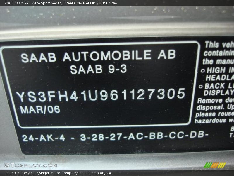 Info Tag of 2006 9-3 Aero Sport Sedan