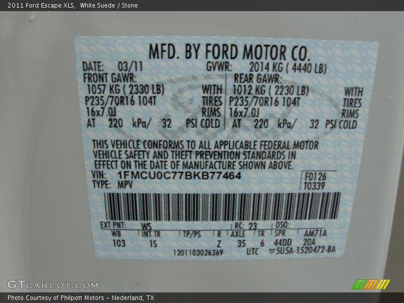 2011 Escape XLS White Suede Color Code WS
