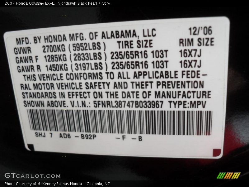 Nighthawk Black Pearl / Ivory 2007 Honda Odyssey EX-L