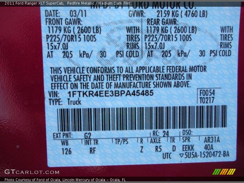 2011 Ranger XLT SuperCab Redfire Metallic Color Code G2