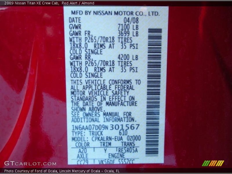 2009 Titan XE Crew Cab Red Alert Color Code A20
