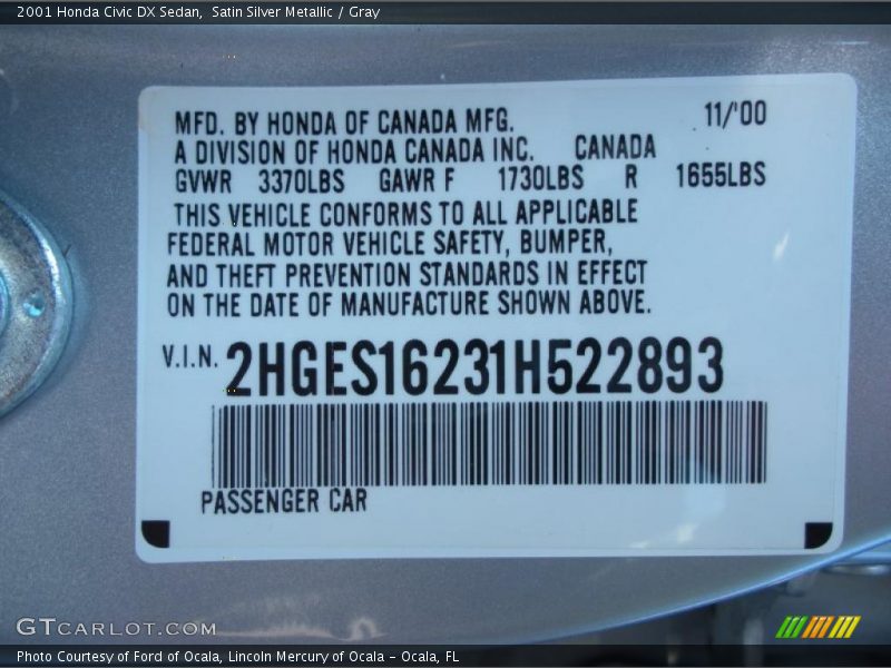 Satin Silver Metallic / Gray 2001 Honda Civic DX Sedan