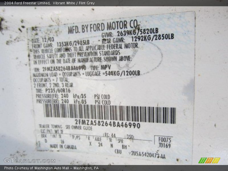 Vibrant White / Flint Grey 2004 Ford Freestar Limited