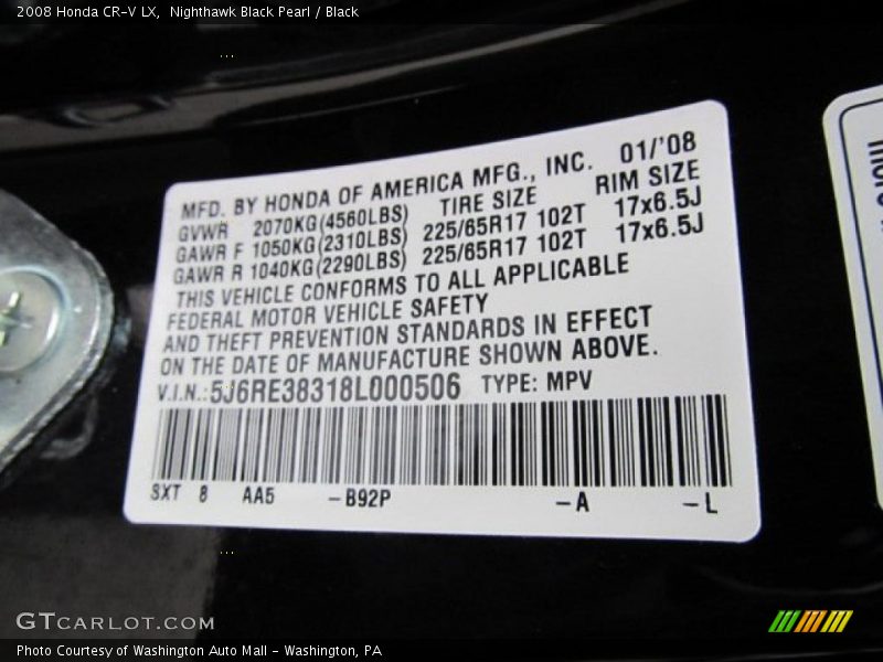 2008 CR-V LX Nighthawk Black Pearl Color Code B92P