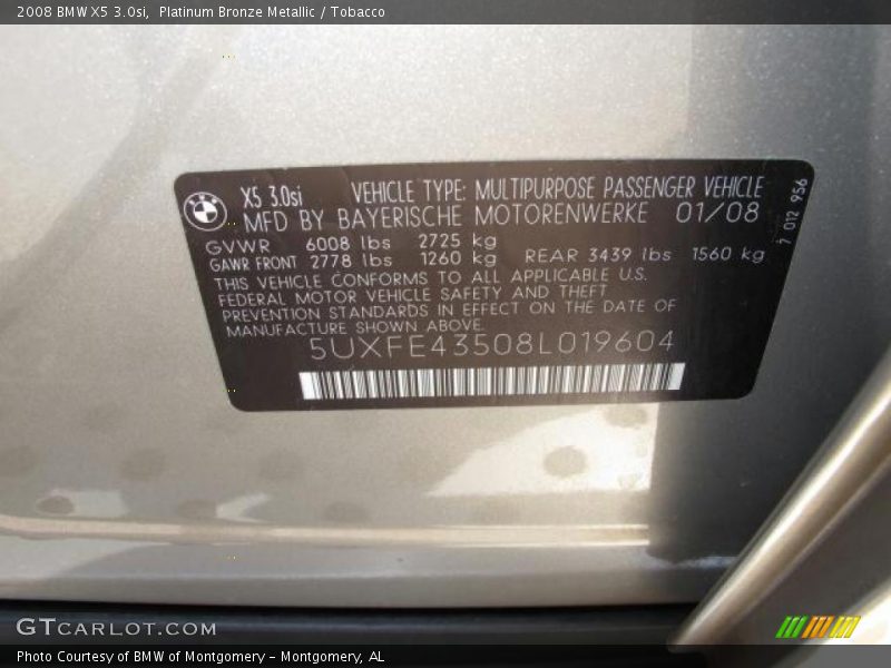 Platinum Bronze Metallic / Tobacco 2008 BMW X5 3.0si
