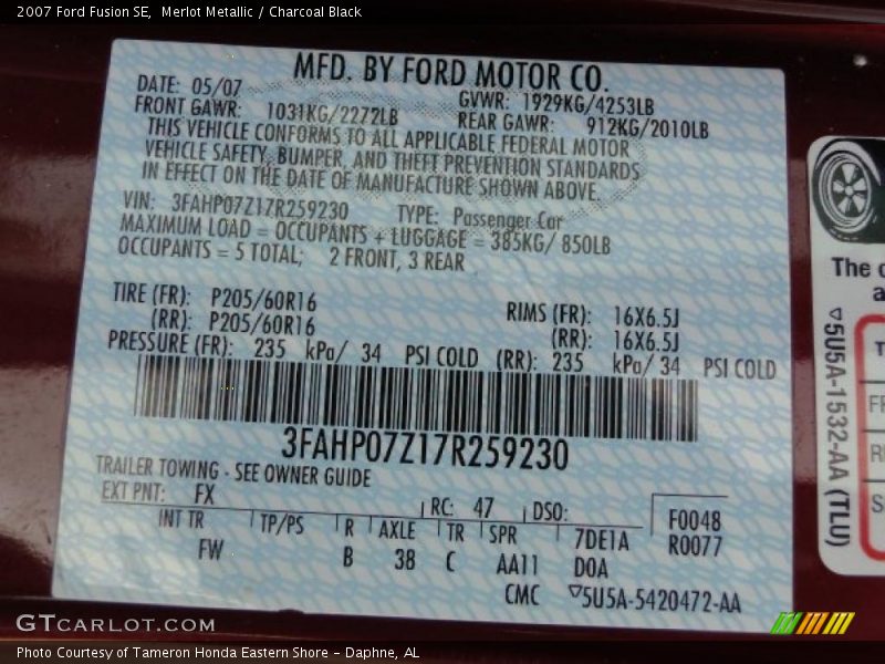 Merlot Metallic / Charcoal Black 2007 Ford Fusion SE