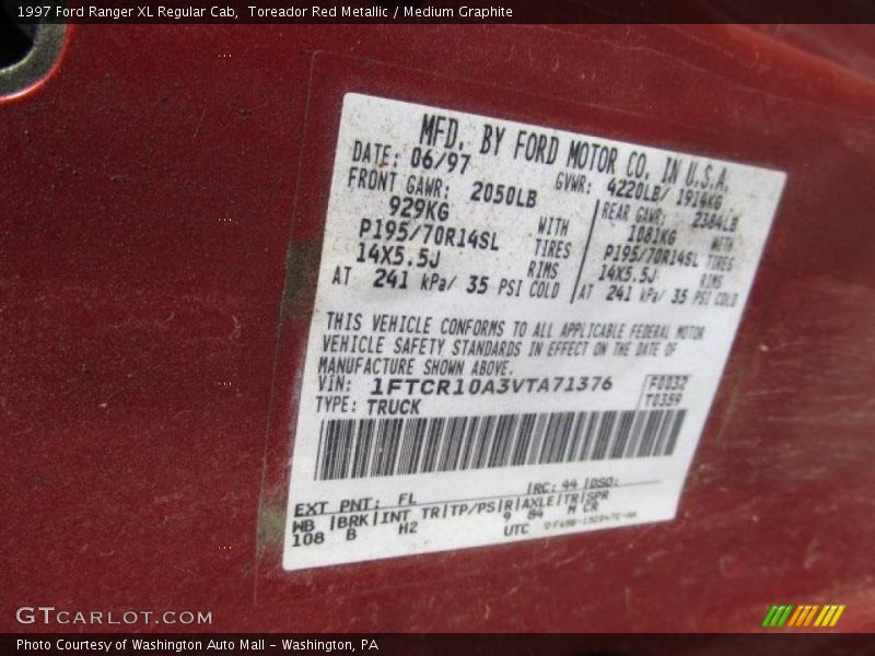 1997 Ranger XL Regular Cab Toreador Red Metallic Color Code FL